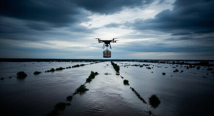 Drone Delivering Emergency Supplies During Flood Disaster Relief Operation