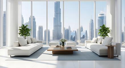 Bright and spacious living room with modern interior design and city view from the window in a luxury apartment with minimalist decoration