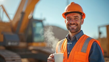 Smiling construction worker in orange vest and hard hat holds steaming cup. Positive attitude on sunny job site with heavy machinery. Break time, enjoying hot beverage during manual labor.