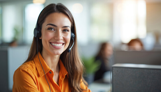 Smiling female call center operator wearing headset in modern office. Young support representative assists clients with excellent communication. Pro customer service in business environment, using
