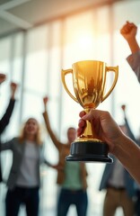 Fototapeta na wymiar Team of employees celebrates success, holding golden trophy cup. People in office wear suits, smiling, raising hands in joy. Pro achievement, teamwork recognition, corporate win, champagne toast.