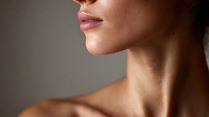 Close-up of woman’s profile and neck on light background.