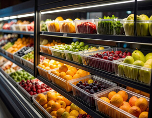 Obraz premium Plastic containers filled with assorted fresh fruits neatly arranged on grocery store shelves under bright lighting.