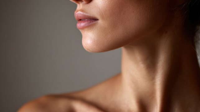 Close-up of woman&rsquo;s profile and neck on light background.