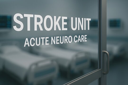 glass hospital door labeled stroke unit acute neuro care with blurred neuro icu beds and monitors in background &mdash; perfect for stroke care visuals, critical care design, neurology stock concepts