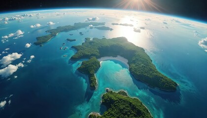 Aerial view of planet Earth rich green islands surrounded by turquoise blue oceans under sunlit sky with clouds. Stunning perspective highlights natural beauty, serene tropical landscapes.