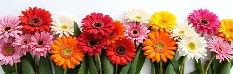 Vibrant gerbera daisy bouquets showcase diverse colors like pink, red, orange, yellow, white. Cheerful flowers, with distinct patterned centers, radiating petals, add natural beauty. Perfect for