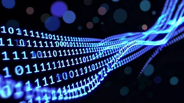 Columns aqua binary digits scroll upward Matrix style near black subtle depth of field bokeh dancing right side looping four K background coding tutorials cybersecurity briefings fintech