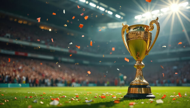 Golden trophy stands on green stadium grass with falling confetti. Cheering crowd in background celebrates victory. Sunlight beams on championship cup symbolizing success and achievement in sports.