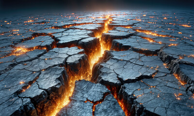  AI-generated image of a vast, cracked terrain splitting apart with glowing magma flowing through its fissures.