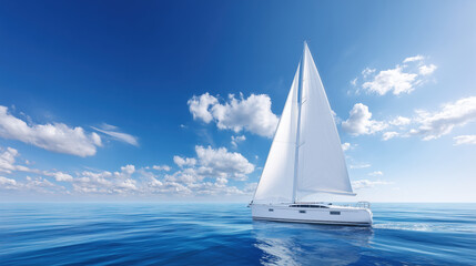 Obraz premium Sailboat gliding across calm ocean waters under a bright blue sky with fluffy clouds