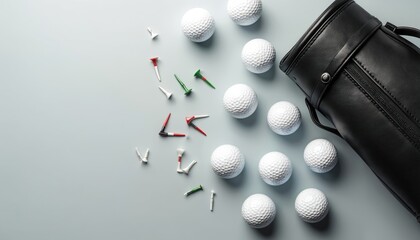 Neatly arranged golf equipment includes white balls, colored tees, black leather golf bag on clean, minimalist background. Organized set suggests precision practice for golf games, tournaments,