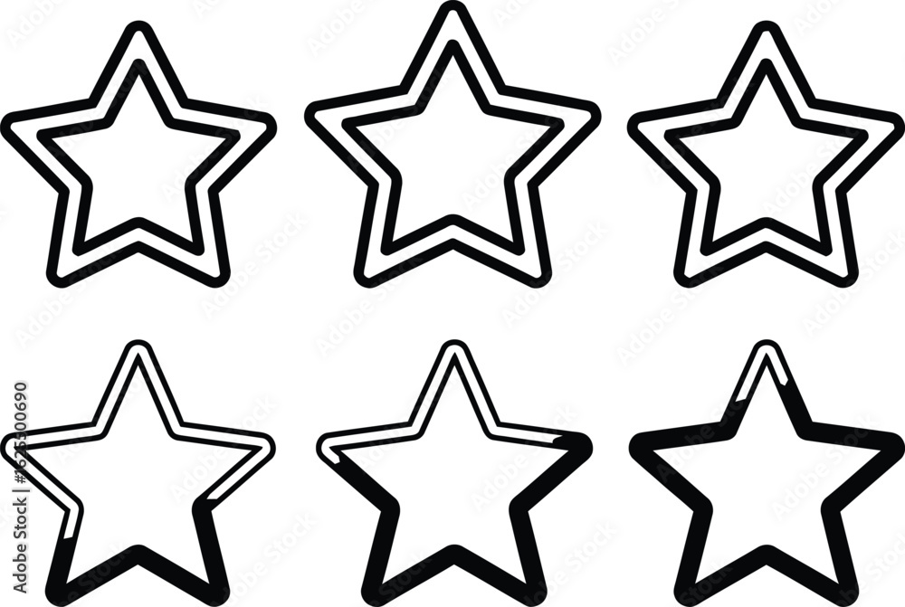 Poster collection of six star shapes with double outline in simple style
