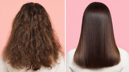 Before and after comparison showing the dramatic effect of a keratin treatment on a woman's brown hair, transforming it from frizzy to smooth and straight on a pink background.