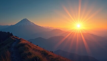 Majestic sunrise illuminates mountain range peaks. Golden sunlight breaks across horizon creating dawn atmosphere. Path winds through grassy slope towards snow-capped mountain. Serene landscape new