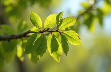 Cornelian cherry dogwood leaves on tree branch in spring. Fresh green foliage with detailed texture, backlit by sun. Natural botanical detail, perfect for gardening and nature themes.