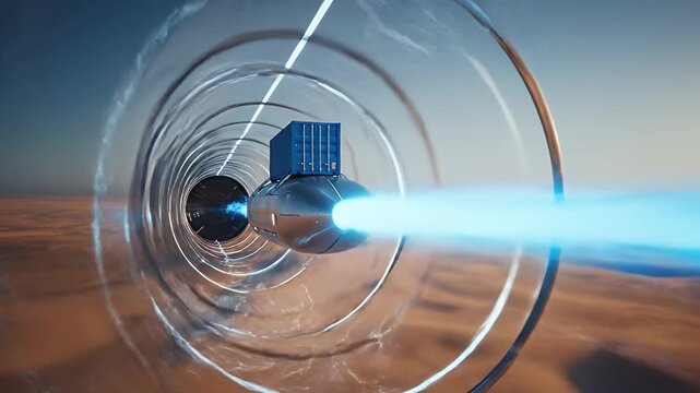Hyperloop Concept Futuristic Transportation Visualized, Showcasing a Pod with a Cargo Container within a Tunnel for High-Speed Travel and Delivery
