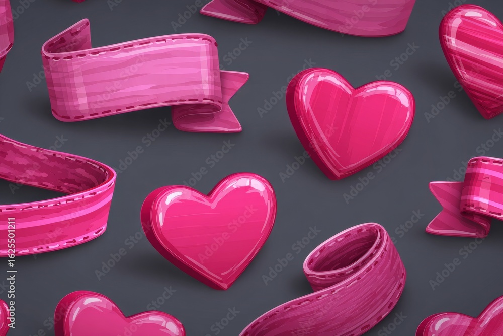 Poster heart-shaped icons that are colorful and have sparkling effects are set in a whimsical arrangement o