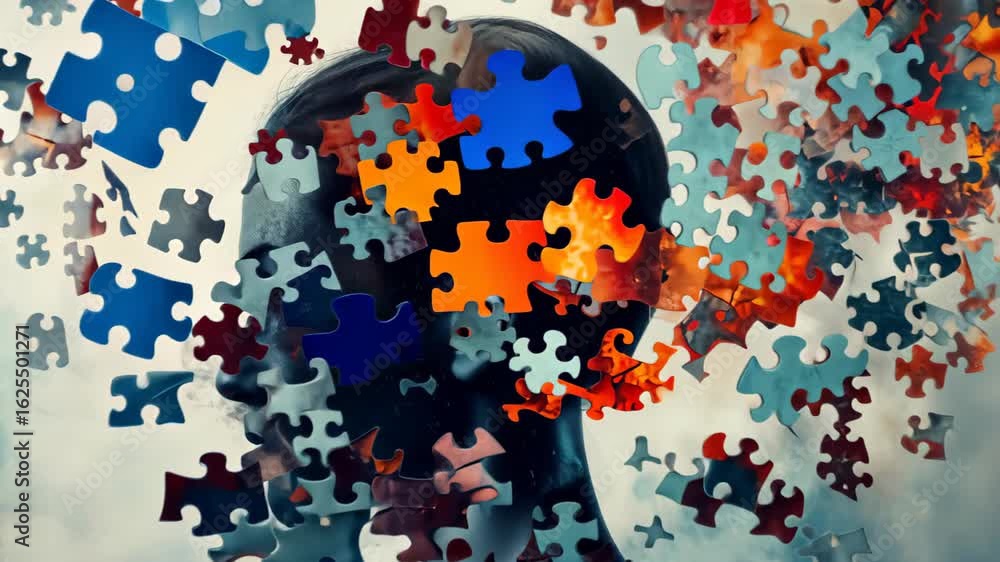 Poster mental mosaic: a person's silhouette dissolves into a cascade of vibrant puzzle pieces, symbolizing 