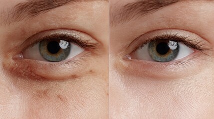 Fototapeta premium Close-up split-screen showing facial skin before and after treatment: left side with visible pigmentation spots, right side clear and even-toned