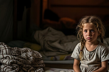 Obraz premium Sad Blonde Girl Sitting Alone in Refugee Shelter with Dim Lighting