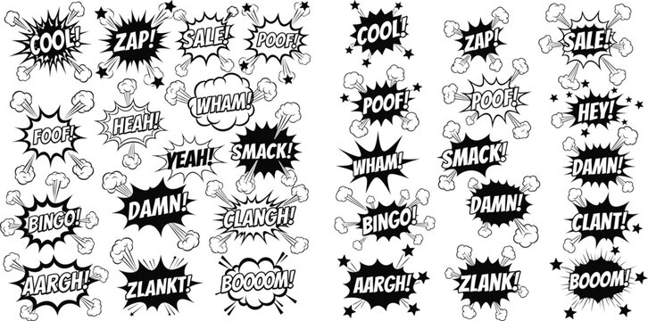 Comic speech bubble set with explosion shapes and halftone smoke effect elements