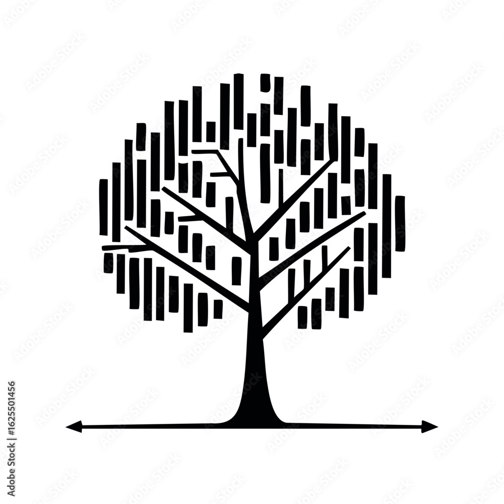 Poster abstract tree shape with rectangular leaves in black and white simple symbolic illustration isolated
