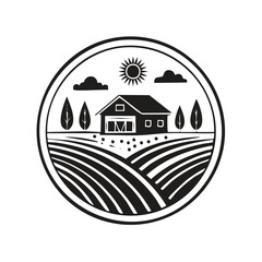 Rustic Farmhouse and Agricultural Fields Emblem in Circle