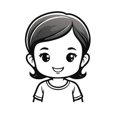 Obraz premium Happy smiling cute cartoon girl character illustration with big eyes and short dark hair