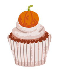 Chocolate muffin cake with pumpkin decor for autumn halloween or thanksgiving holiday
