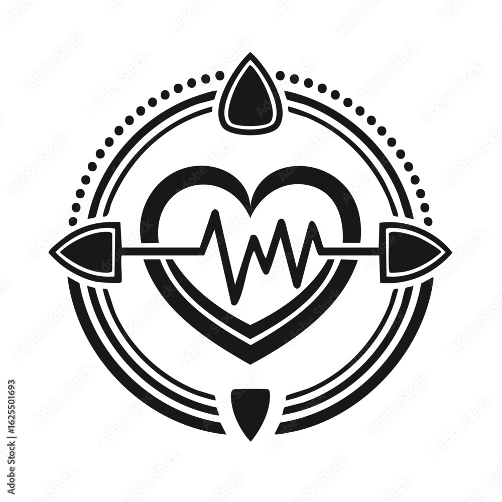 Poster heartbeat cardiogram symbol within a circular emblem with compass elements and droplet