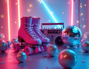 Retro 80s neon collage features pink roller skates, boombox, disco ball. Vibrant pink, blue lights create dynamic, funky atmosphere with gradient background. Scattered reflective spheres add depth to