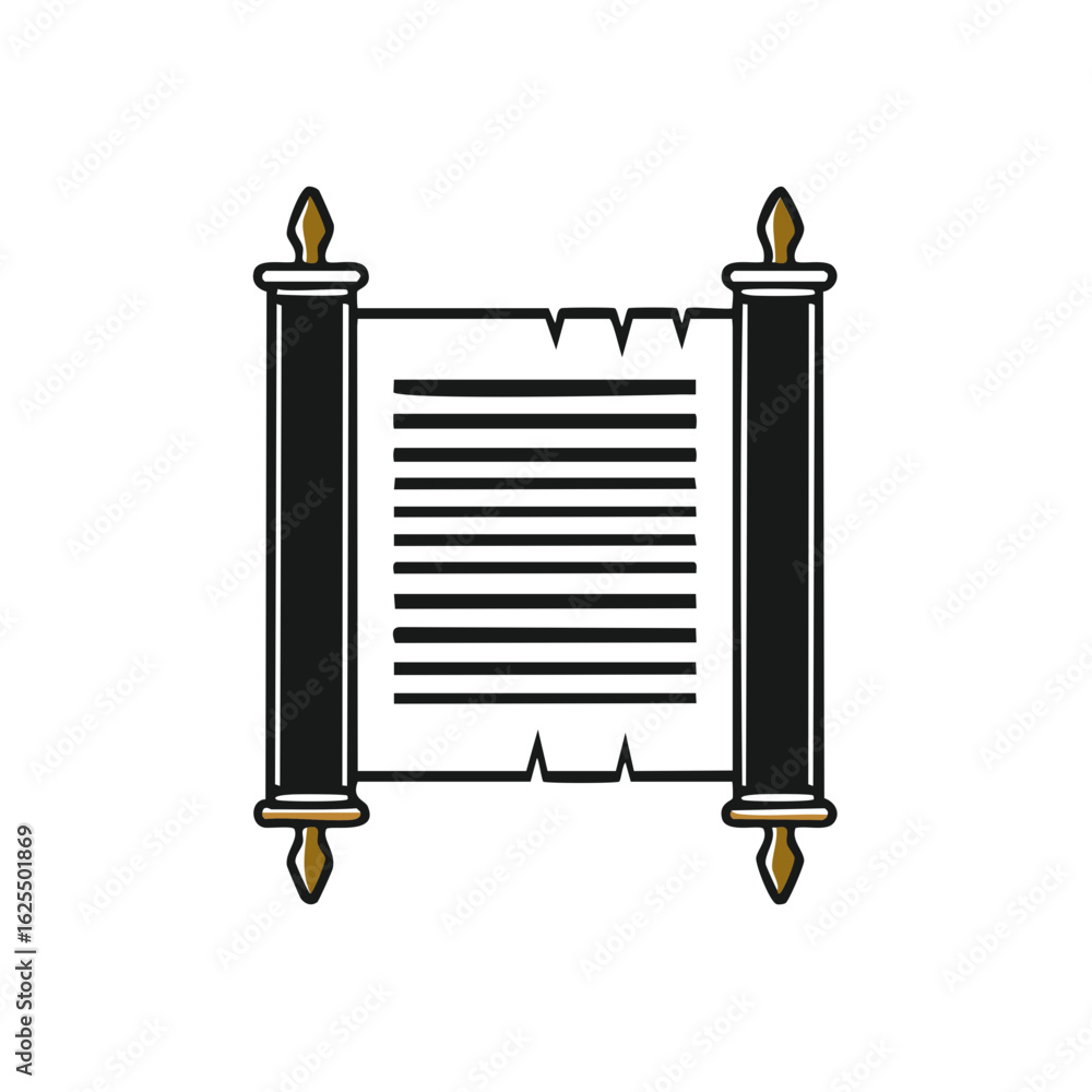 Poster ancient scroll icon, parchment document with golden handles and black text lines