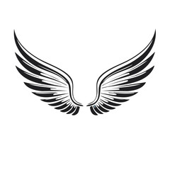 Fototapeta premium Majestic pair of stylized angel wings spread in flight. A black and white graphic symbol of freedom and power.
