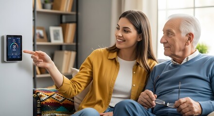 A young woman and an elderly man are sitting on a couch, looking at a smart thermostat on the wall. The woman is pointing at the screen, while the man is smiling and looking at her.
