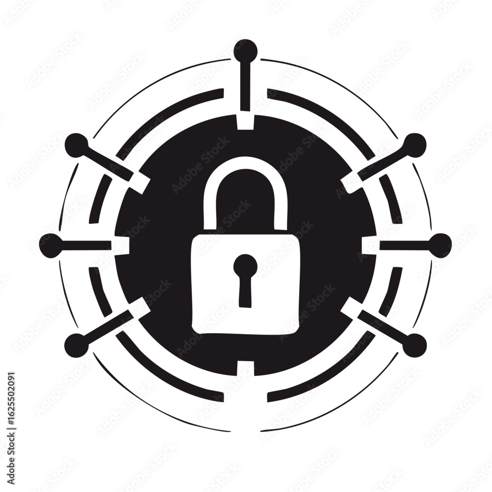 Poster abstract cybersecurity shield icon with a central padlock for data protection