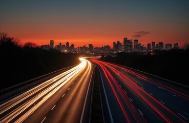Cars create light trails on straight highway at sunset, blurring motion traffic through city. Headlights and taillights create streaks of white, orange, and red against dusk sky over urban skyline.