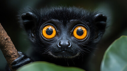 Naklejka premium Adorable Black Lemur with Striking Orange Eyes