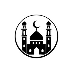 Black and white Islamic mosque in circular frame featuring towers and crescent moon. Faith building icon.