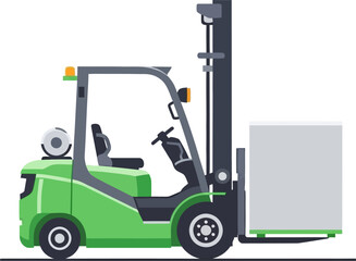Green forklift truck lifting a large grey box, warehouse logistics.
