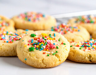 Colorful sprinkles top flower-shaped sugar cookies, creating a festive and cheerful treat perfect for celebrations and holidays.