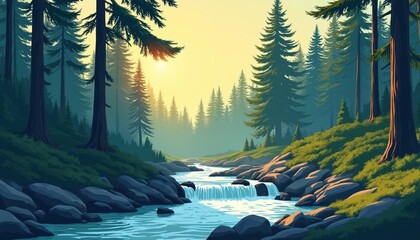 Serene forest stream with sunlit pines creates tranquil nature scene. Majestic trees line banks of flowing river with small waterfall. Rich green mossy rocks surround clear blue water, evoking peace,