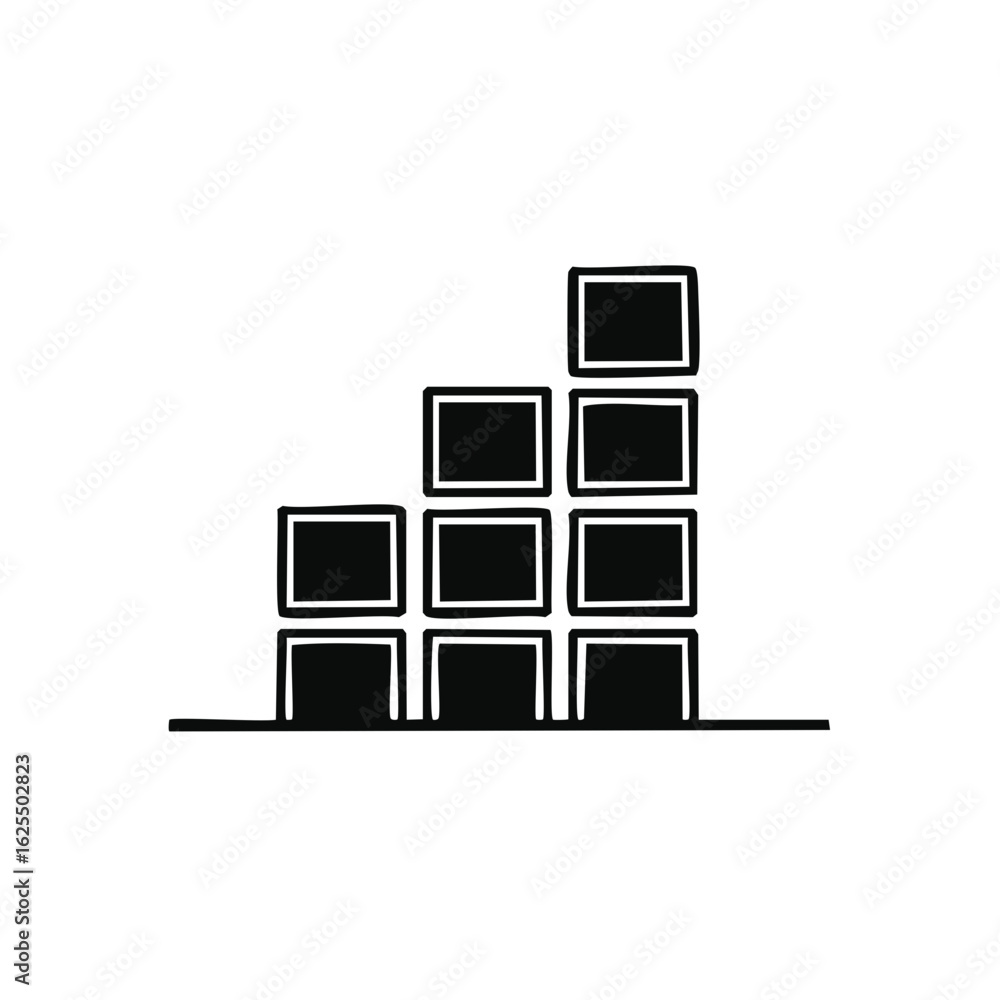 Poster hand drawn bar chart icon of stacked blocks showing growth and progress