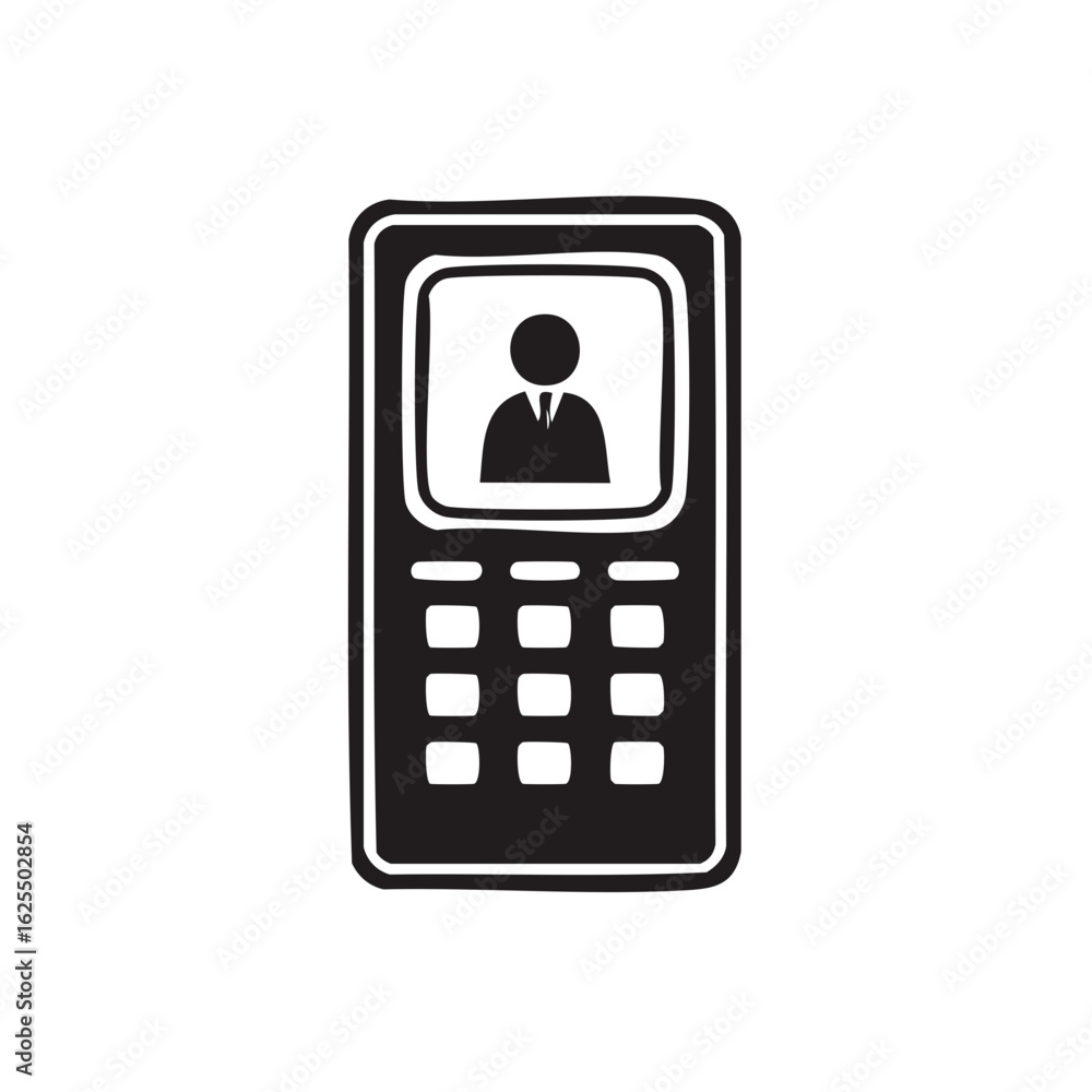 Poster simple black and white mobile phone icon with a person avatar display and keypad