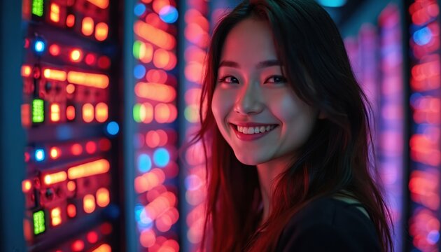 Smiling woman in server room with colorful lights. Young female pro in casual attire. Technology, network, computing hardware, equipment, digital communication, infrastructure support, modern cyber