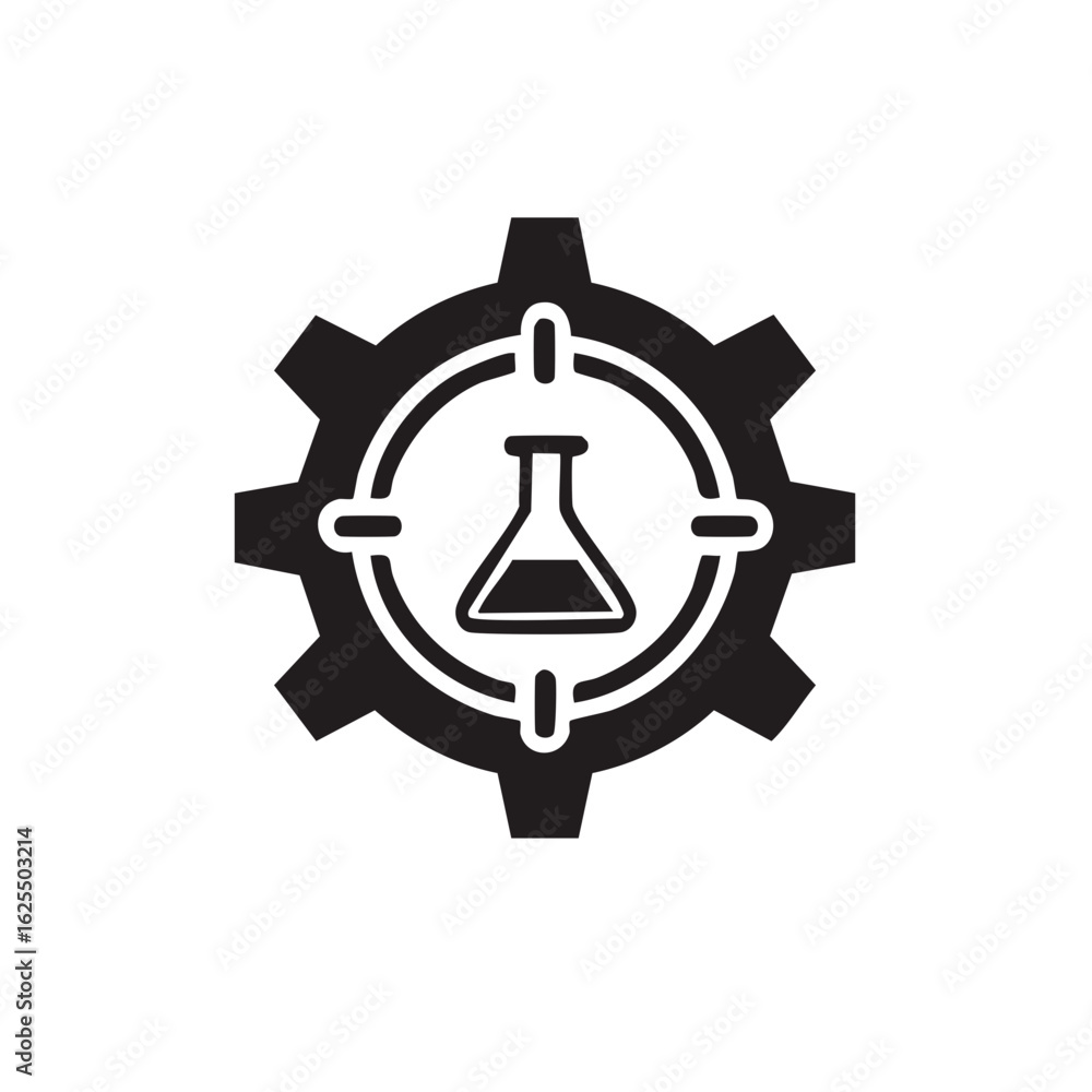 Poster cogwheel with targeting crosshairs surrounding chemistry flask representing precision and technologi