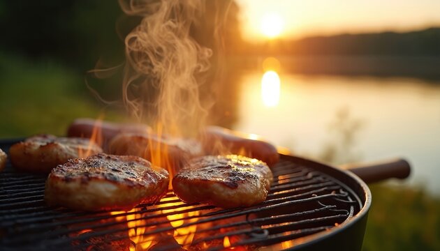 Close-up of meat, sausages grilling on barbecue by lake at sunset. Flames rise from grill as smoke curls upwards. Enjoying outdoor summer picnic with friends, cooking delicious food during golden