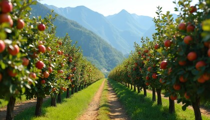Fototapeta premium Apple orchard rows heavy with ripe fruit stretch towards majestic mountains under golden hour sunlight. Idyllic agricultural landscape offers scenic view of countryside life, fresh produce, tranquil
