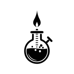Obraz premium Laboratory setup, round flask, burner flame, bubbles in liquid, scientific chemistry, glassware research tool for experiments
