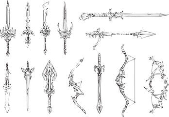 A simple line drawing of various fantasy weapons, such as swords and bows, arranged in an array on a transparent background